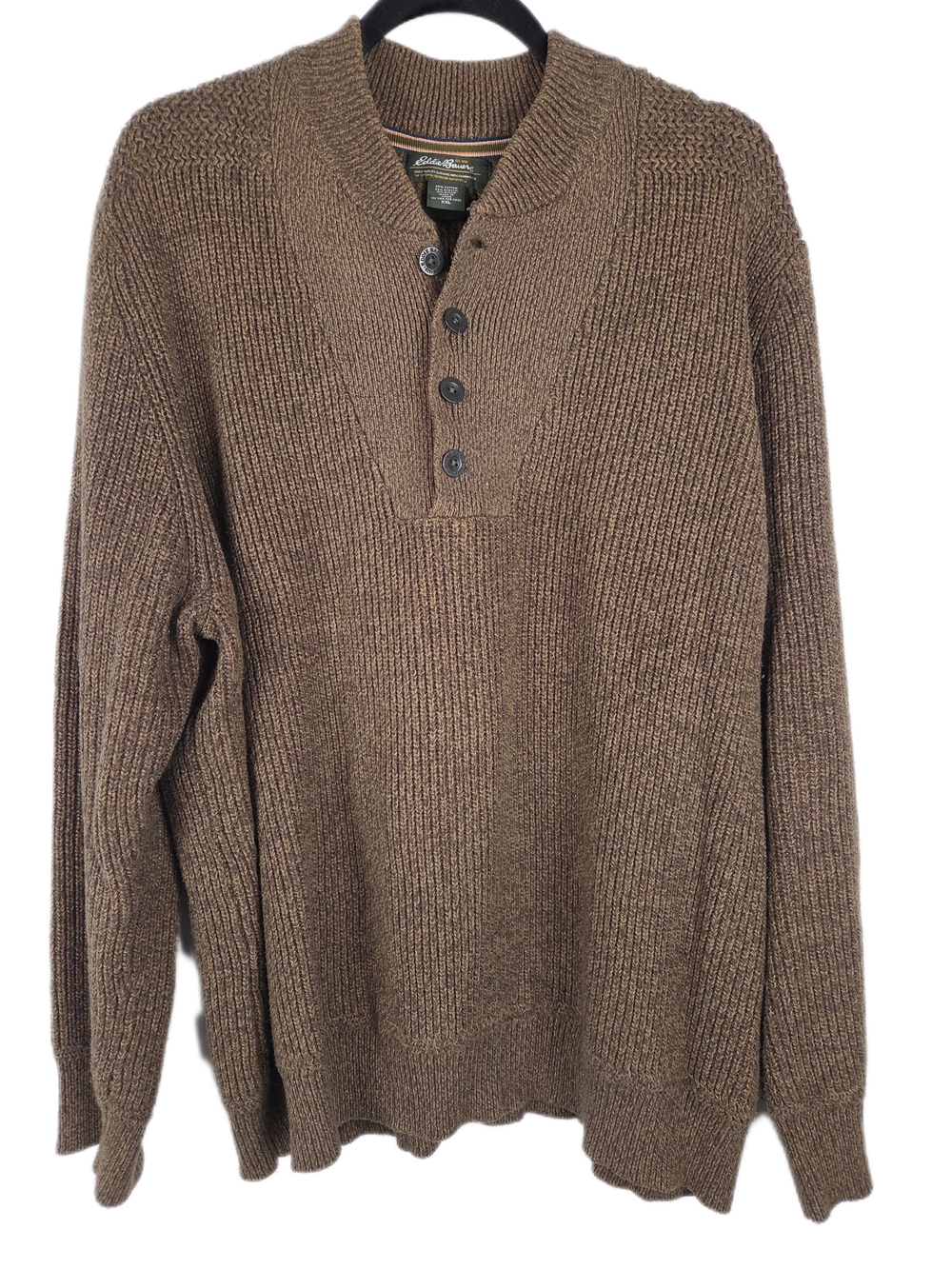 Eddie Bauer Brown Ribbed Henley Crewneck Sweater